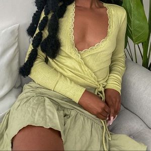NWT Urban Outfitters Lace Y2K Wrap Top Green Crop ribbed soft cross brandy melvi